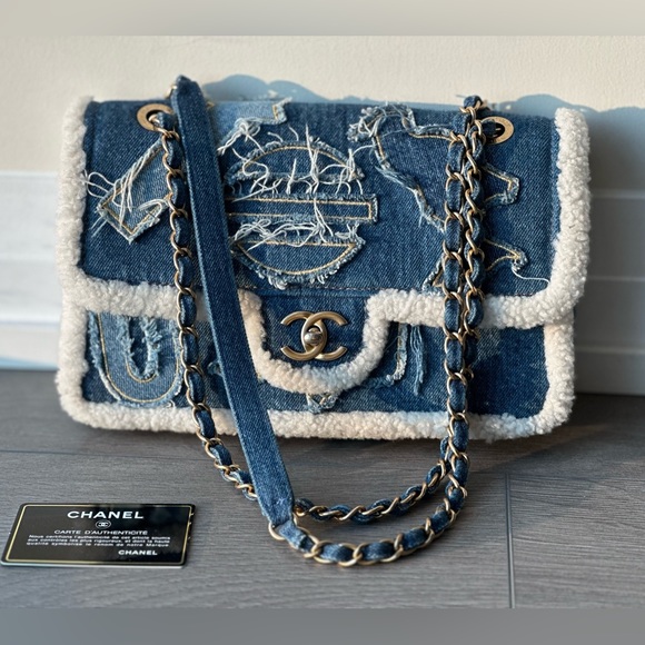 [SOLD] CHANEL medium shearling denim hieroglyph fap bag *rare* - Picture 1 of 8